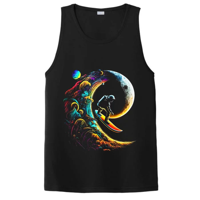 Astronaut surfing through space universe galaxy planets moon Performance Tank