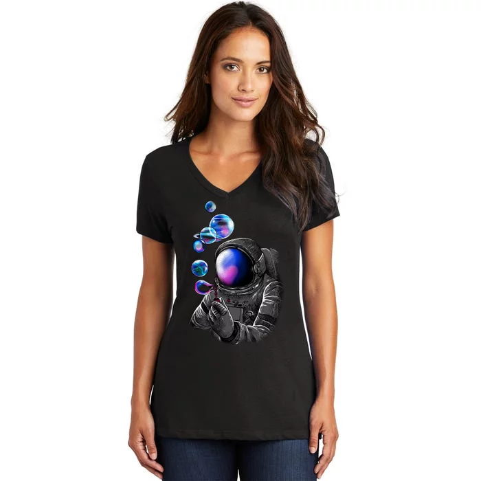 Astronaut Blowing Space Bubbles Women's V-Neck T-Shirt