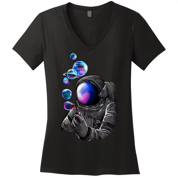 Astronaut Blowing Space Bubbles Women's V-Neck T-Shirt