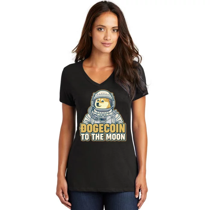 Astronaut Dogecoin To The Moon Crypto Women's V-Neck T-Shirt