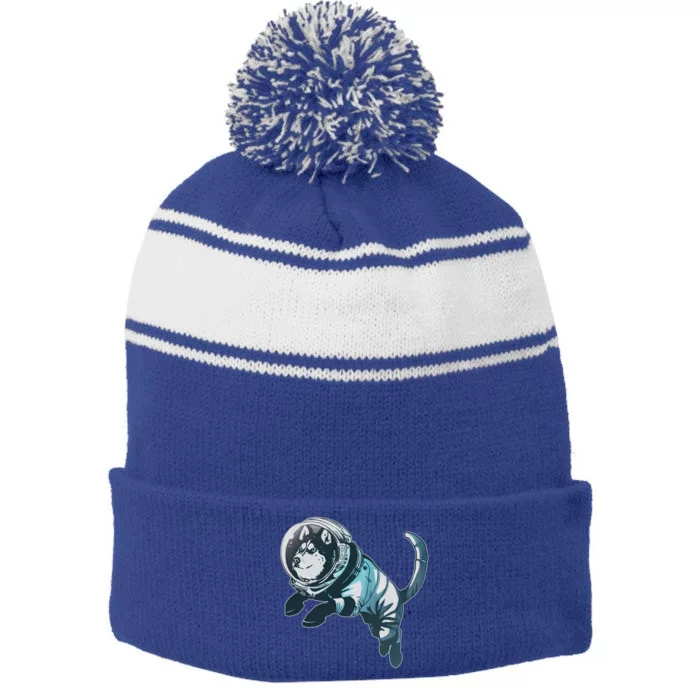 Astronaut Husky Dog Space Stripe Pom Pom Beanie