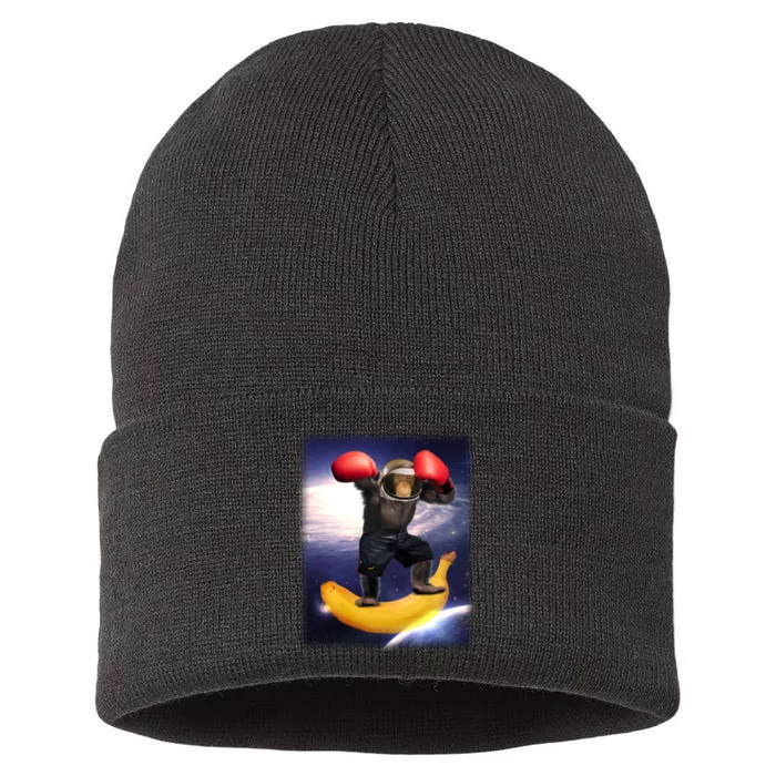 Astronaut Monkey Boxing In Space Sustainable Knit Beanie