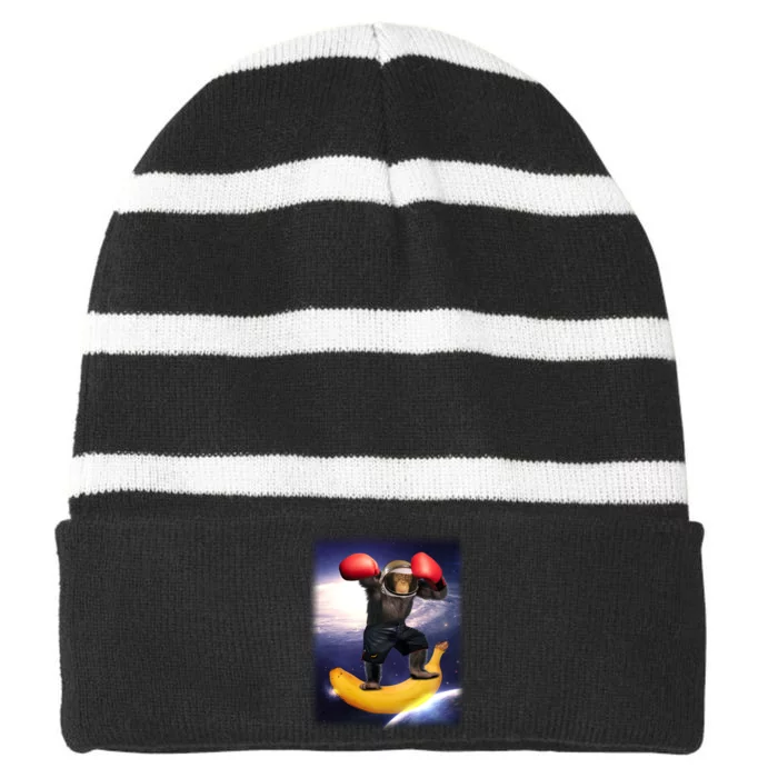 Astronaut Monkey Boxing In Space Striped Beanie with Solid Band