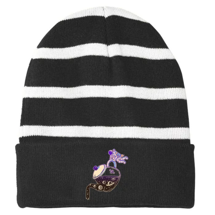 Astronaut Pouring Galaxy Coffee Coffee Striped Beanie with Solid Band