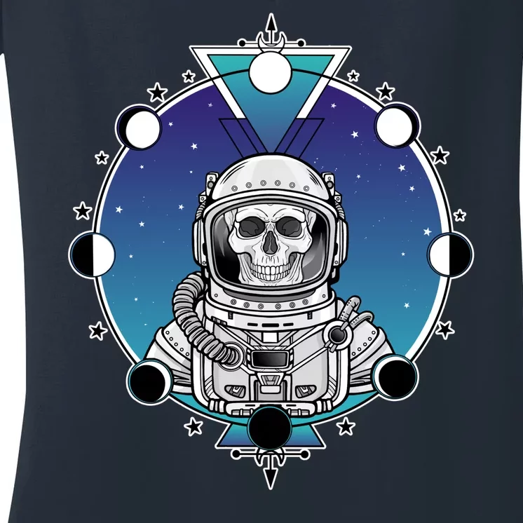 Astronaut Skeleton Star Sky Moon Phases Women's V-Neck T-Shirt