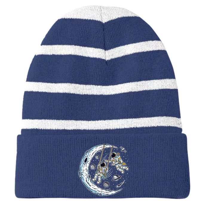 Astronauts Moon Swinging Striped Beanie with Solid Band