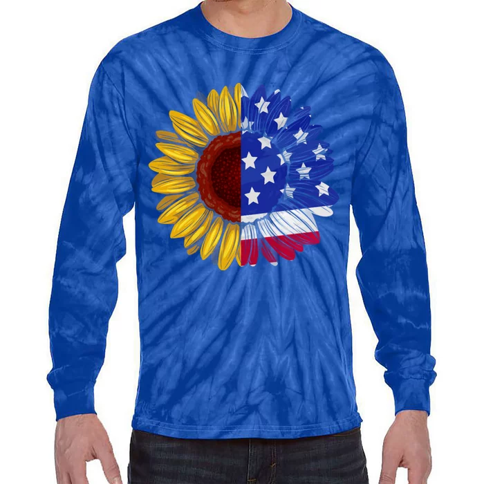 America Sunflower Us Flag 4th July American Patriotic Flower Gift Tie-Dye Long Sleeve Shirt