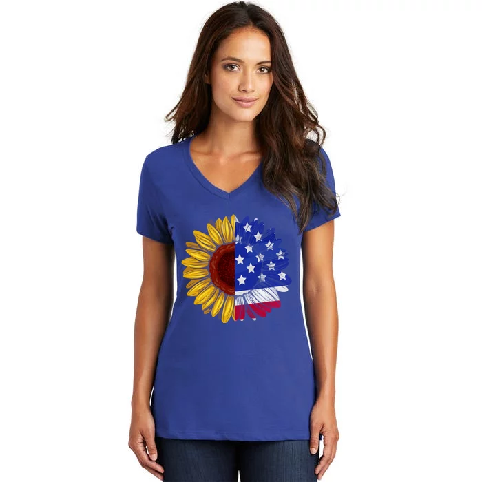 America Sunflower Us Flag 4th July American Patriotic Flower Gift Women's V-Neck T-Shirt