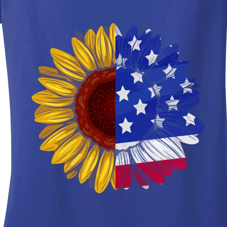 America Sunflower Us Flag 4th July American Patriotic Flower Gift Women's V-Neck T-Shirt