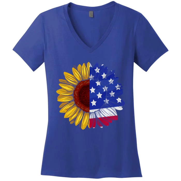 America Sunflower Us Flag 4th July American Patriotic Flower Gift Women's V-Neck T-Shirt