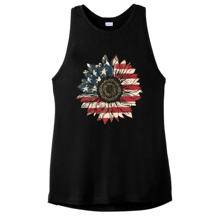 America Sunflower USA Flag Flower Gift For American 4th Of July Flag  Freedom Ladies Tri-Blend Wicking Tank