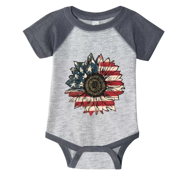 America Sunflower USA Flag Flower Gift For American 4th Of July Flag  Freedom Infant Baby Jersey Bodysuit