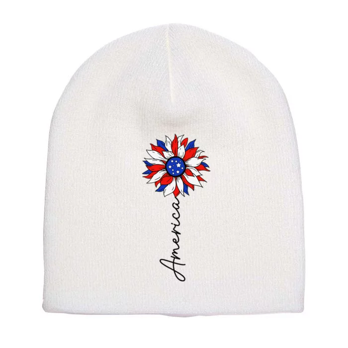 America Sunflower USA Flag 4th Of July Patriotic  Gifts Short Acrylic Beanie