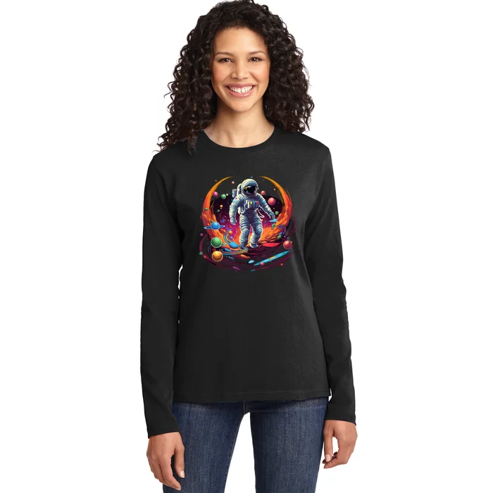 Astronaut Spaceman Universe Planets Galaxy Ladies Long Sleeve Shirt