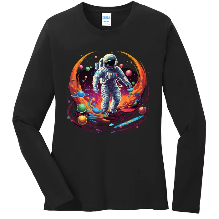 Astronaut Spaceman Universe Planets Galaxy Ladies Long Sleeve Shirt