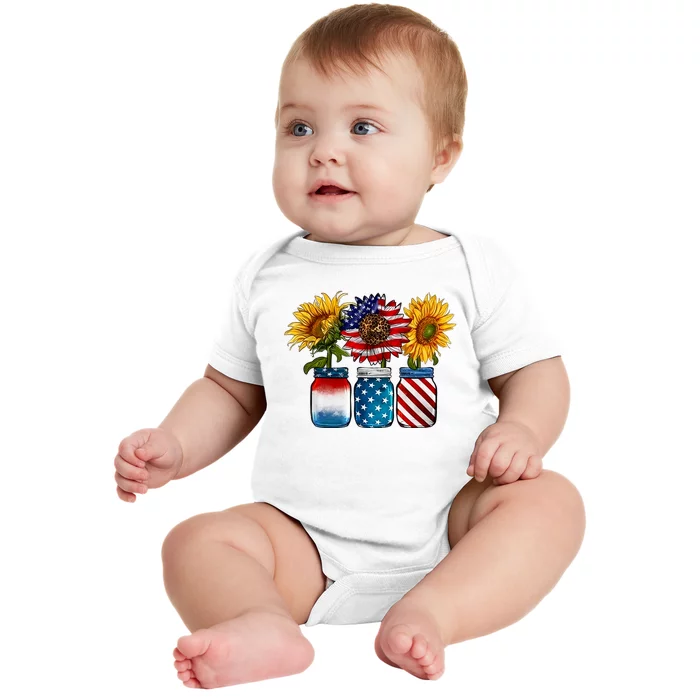 America Sunflower USA Flag Flower T For American 4th Of July Baby Bodysuit