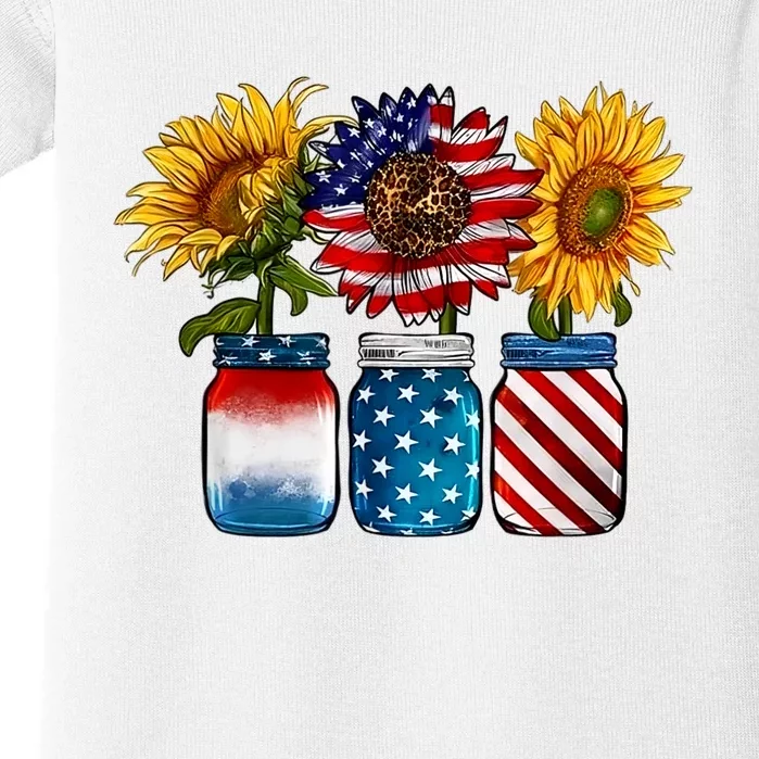 America Sunflower USA Flag Flower T For American 4th Of July Baby Bodysuit