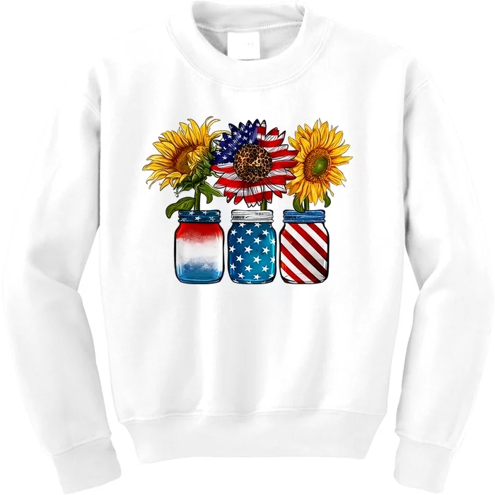 America Sunflower USA Flag Flower T For American 4th Of July Kids Sweatshirt