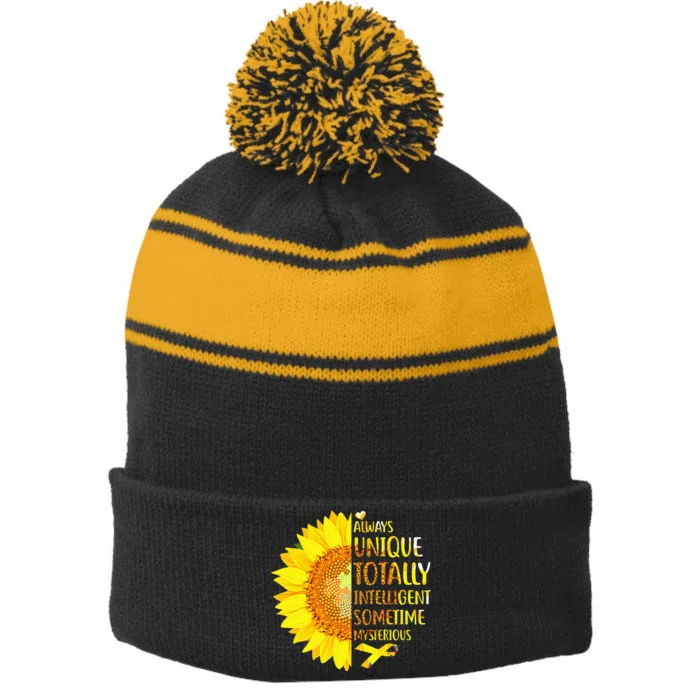 Autism Sunflower Unique Totally Intelligent Mysterious Stripe Pom Pom Beanie