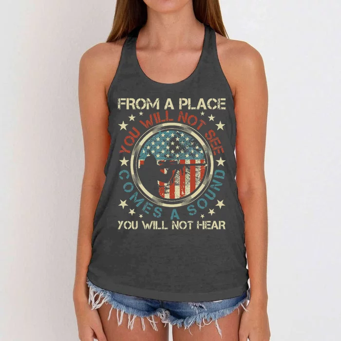 A Sound You Will Not Hear Marksmanship Long Range Shooting Women's Knotted Racerback Tank