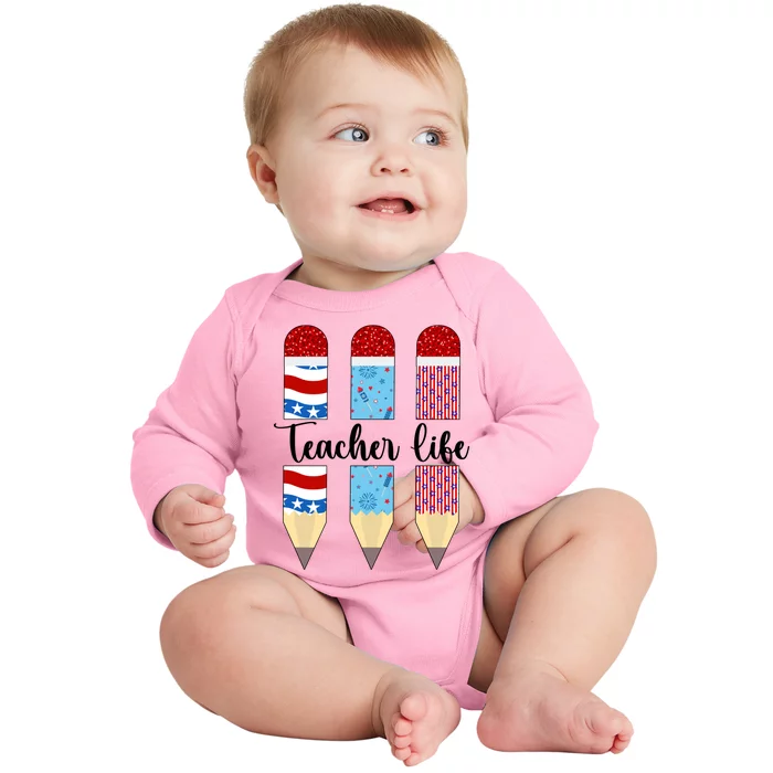 American Teacher 4th Of July Patriotic Teacher American Flag Cute Gift Baby Long Sleeve Bodysuit