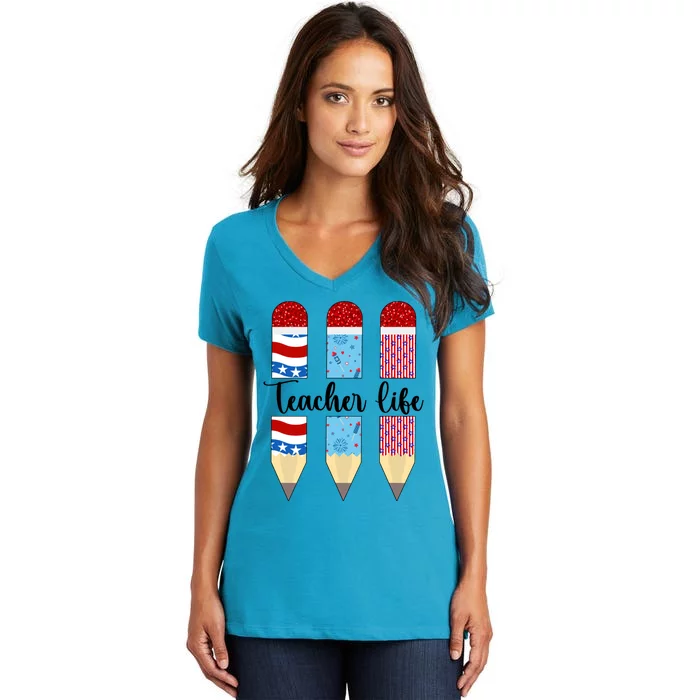 American Teacher 4th Of July Patriotic Teacher American Flag Cute Gift Women's V-Neck T-Shirt