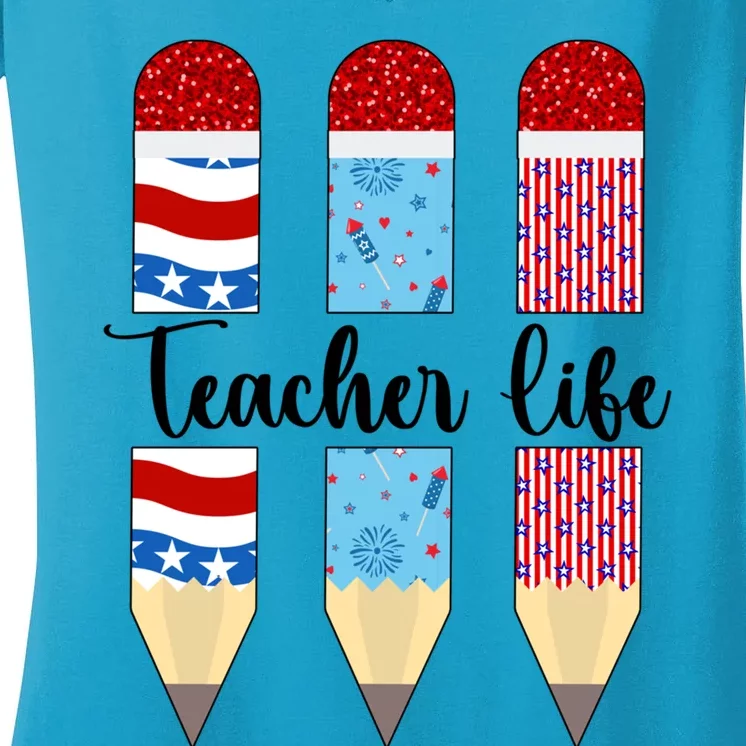 American Teacher 4th Of July Patriotic Teacher American Flag Cute Gift Women's V-Neck T-Shirt