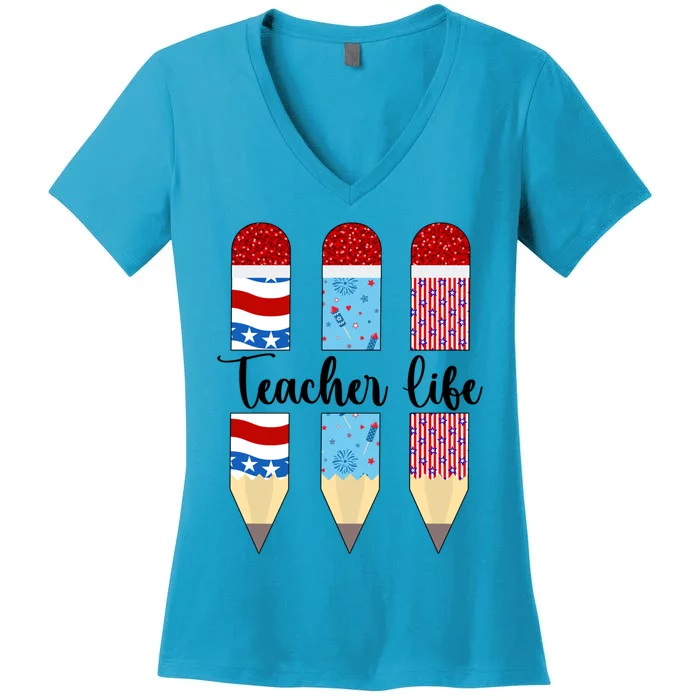 American Teacher 4th Of July Patriotic Teacher American Flag Cute Gift Women's V-Neck T-Shirt