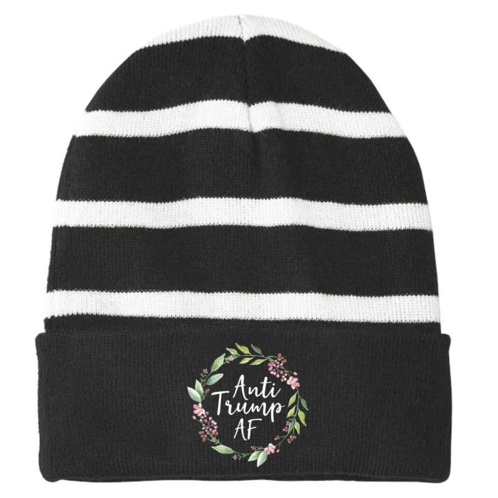 Anti Trump Af Womans With Floral Wreath Striped Beanie with Solid Band