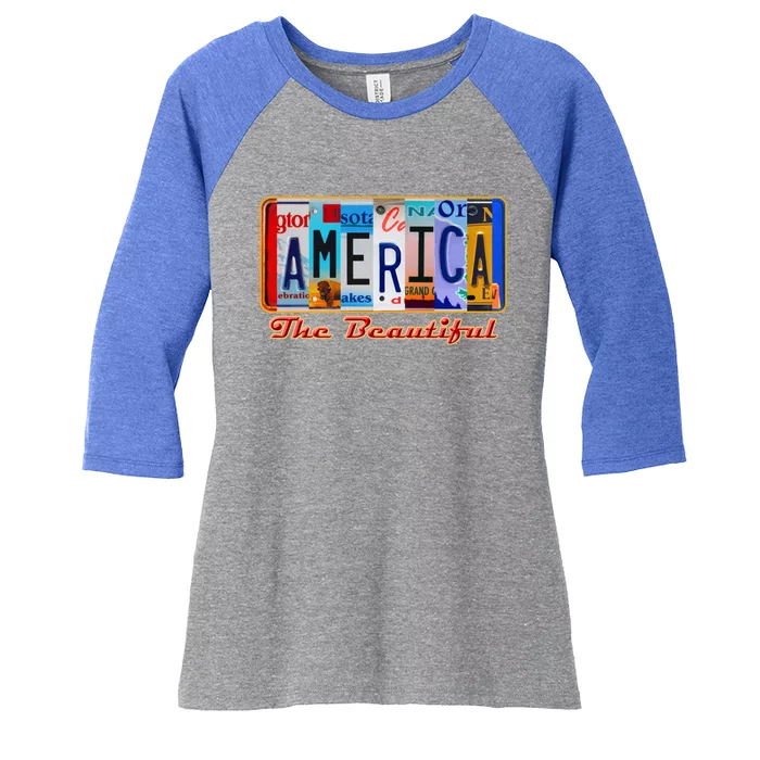 America The Beautiful Car License Plates Gift Women's Tri-Blend 3/4-Sleeve Raglan Shirt