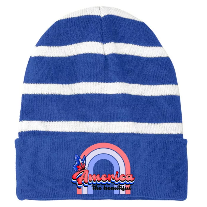 America The Beautiful Retro Rainbow Red White Blue Butterfly Great Gift Striped Beanie with Solid Band