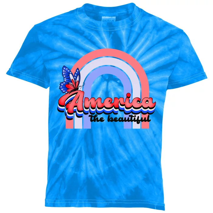 America The Beautiful Retro Rainbow Red White Blue Butterfly Great Gift Kids Tie-Dye T-Shirt