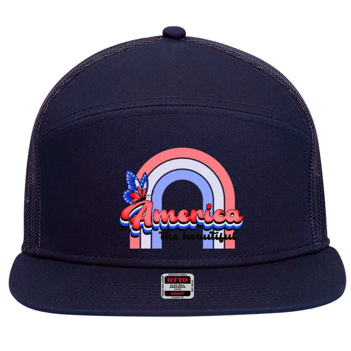 America The Beautiful Retro Rainbow Red White Blue Butterfly Great Gift 7 Panel Mesh Trucker Snapback Hat