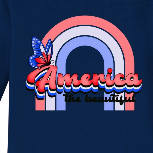 America The Beautiful Retro Rainbow Red White Blue Butterfly Great Gift Baby Long Sleeve Bodysuit