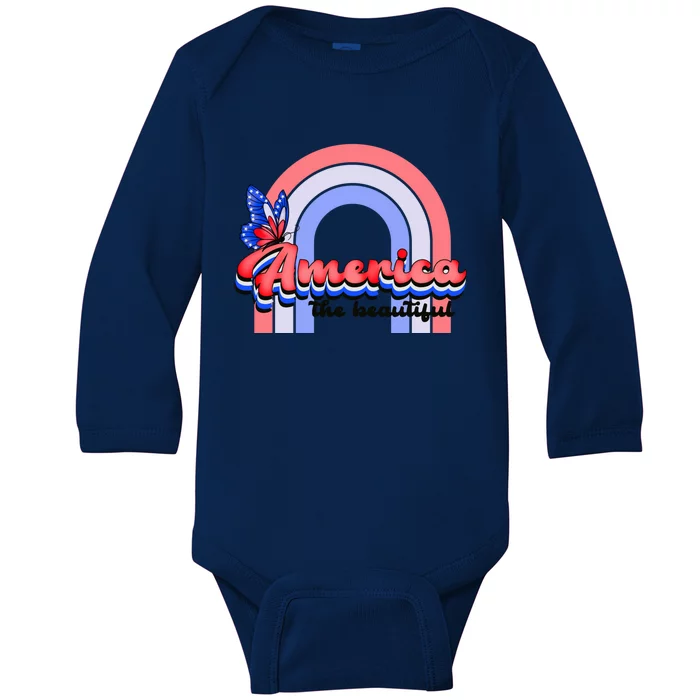 America The Beautiful Retro Rainbow Red White Blue Butterfly Great Gift Baby Long Sleeve Bodysuit