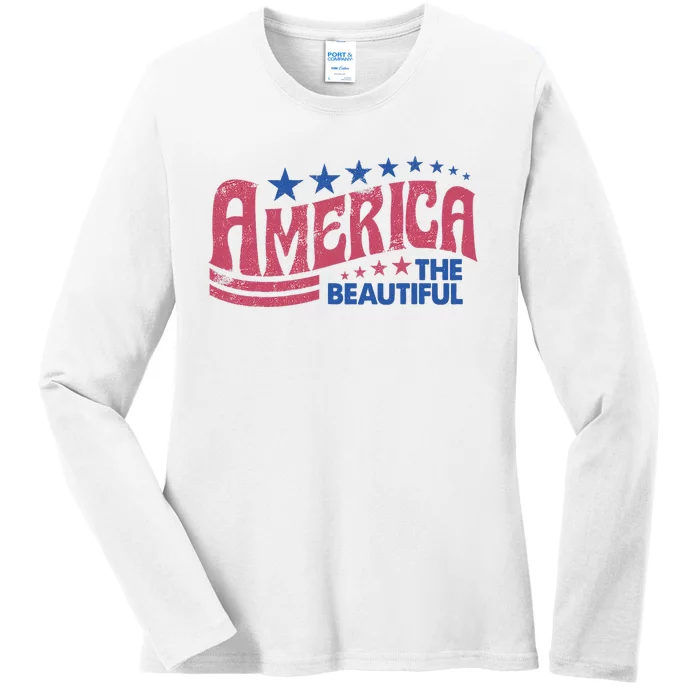 America The Beautiful Retro Vintage American 4th Of July Ladies Long Sleeve Shirt