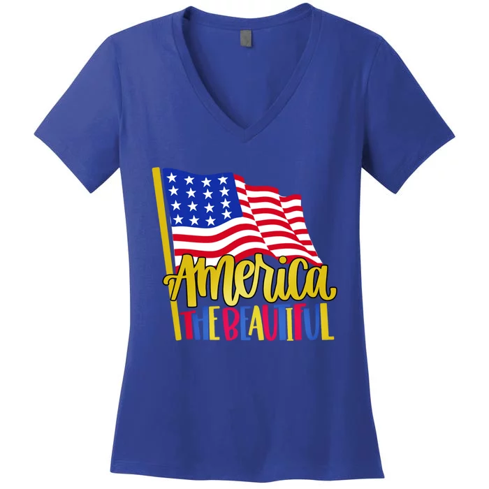 America The Beautiful With Usa Flag Gift Women's V-Neck T-Shirt