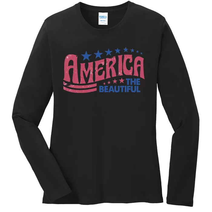 America The Beautiful Retro Vintage American 4th Of July Ladies Long Sleeve Shirt