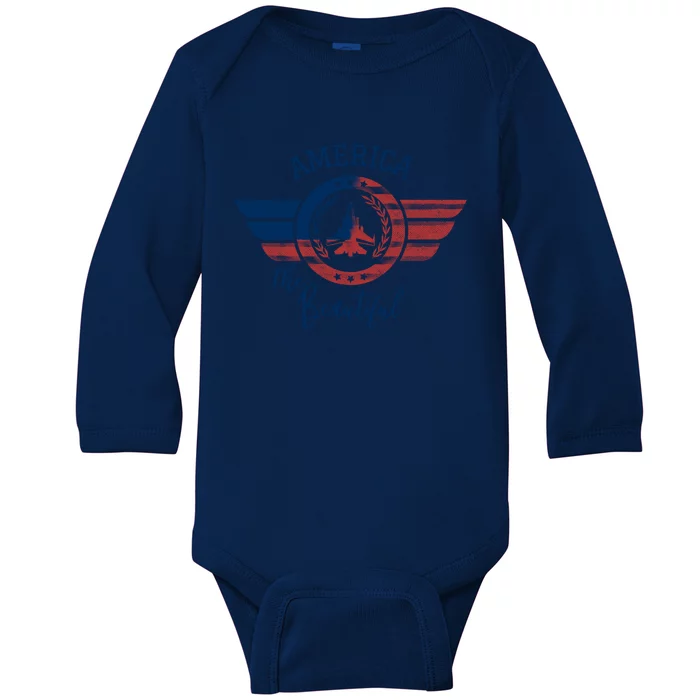 America The Beautiful Patriotic 4th Of July Fighter Jet Gift Baby Long Sleeve Bodysuit