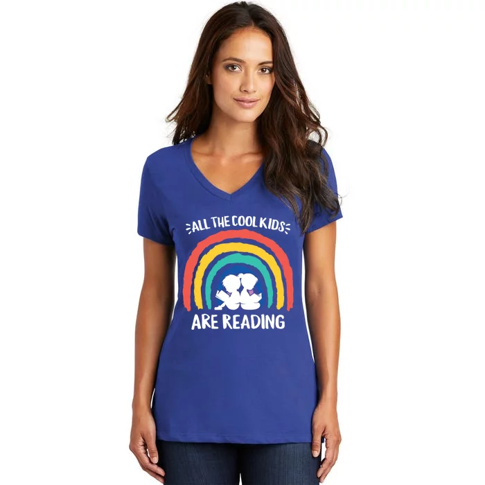 All The Cool Are Reading Books Rainbow Teacher Gift Women's V-Neck T-Shirt