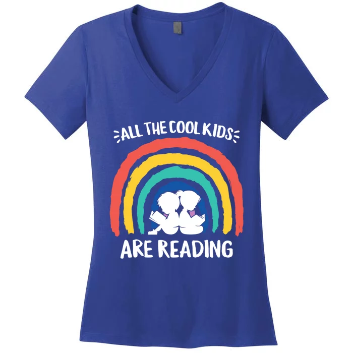 All The Cool Are Reading Books Rainbow Teacher Gift Women's V-Neck T-Shirt