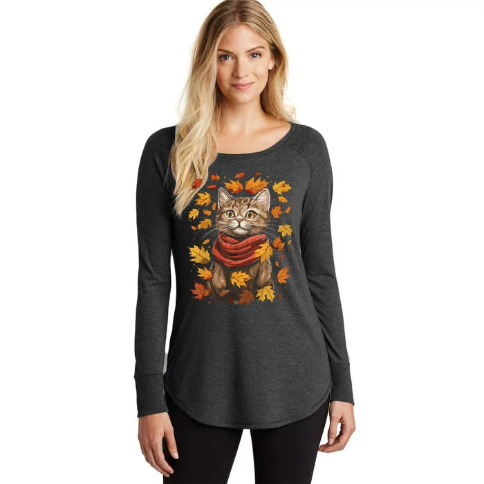 Autumn Themed Cute Cat Fall Breeze Kitten Cat Lover Women's Perfect Tri Tunic Long Sleeve Shirt