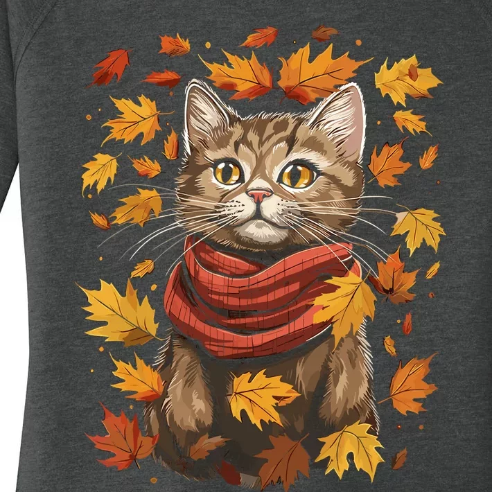 Autumn Themed Cute Cat Fall Breeze Kitten Cat Lover Women's Perfect Tri Tunic Long Sleeve Shirt