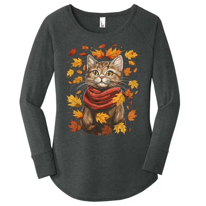 Autumn Themed Cute Cat Fall Breeze Kitten Cat Lover Women's Perfect Tri Tunic Long Sleeve Shirt