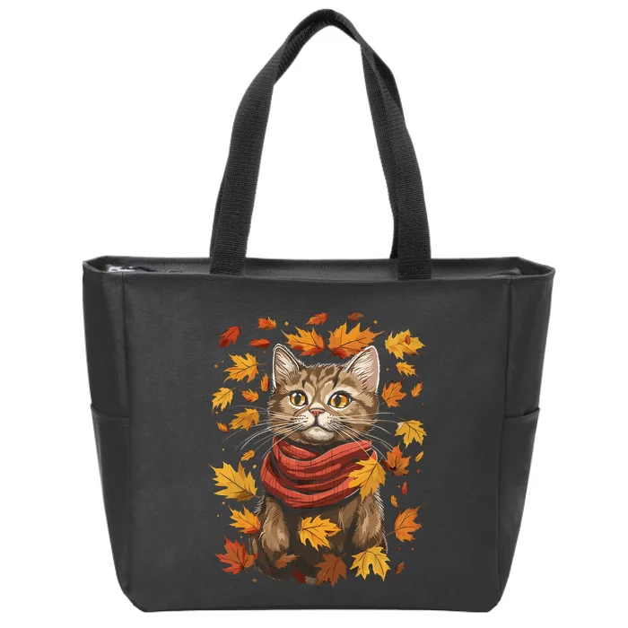 Autumn Themed Cute Cat Fall Breeze Kitten Cat Lover Zip Tote Bag