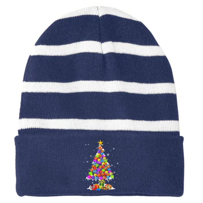 Autism Tree Christmas Pajama Autism Awareness Holiday Gifts Striped Beanie with Solid Band