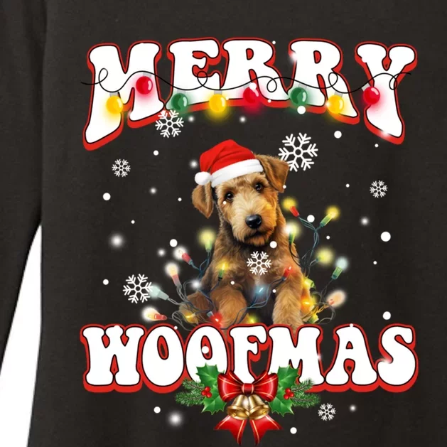 Airedale Terrier Dog Santa Hat Merry Woofmas Christmas Cool Gift Womens CVC Long Sleeve Shirt