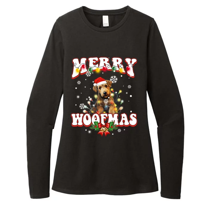 Airedale Terrier Dog Santa Hat Merry Woofmas Christmas Cool Gift Womens CVC Long Sleeve Shirt