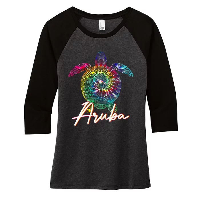 Aruba Tie Dye Sea Turtle Matching Family Vacation Women's Tri-Blend 3/4-Sleeve Raglan Shirt