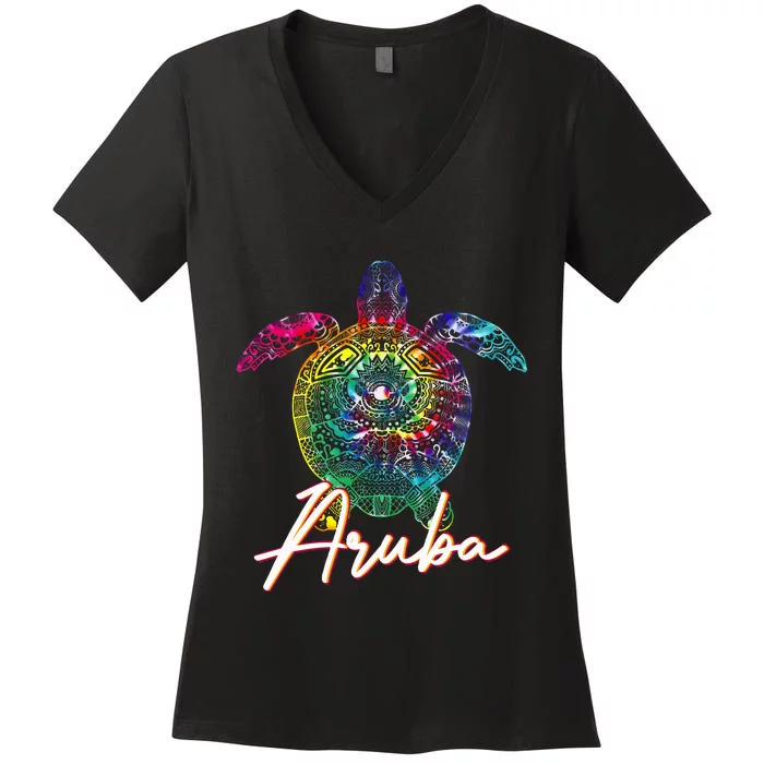 Aruba Tie Dye Sea Turtle Matching Family Vacation Women's V-Neck T-Shirt